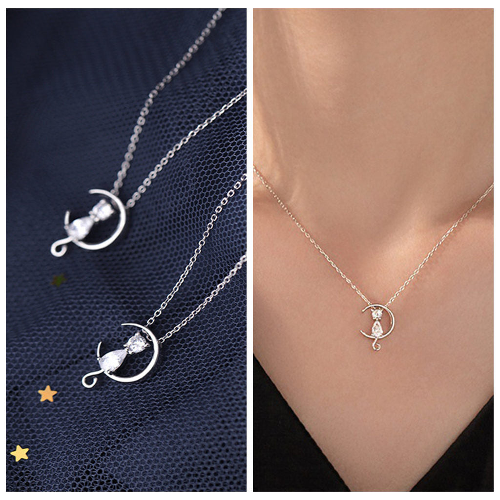 Sterling Silver CZ Cat on Moon Necklace-Sterling Silver Necklaces-3-Glitters