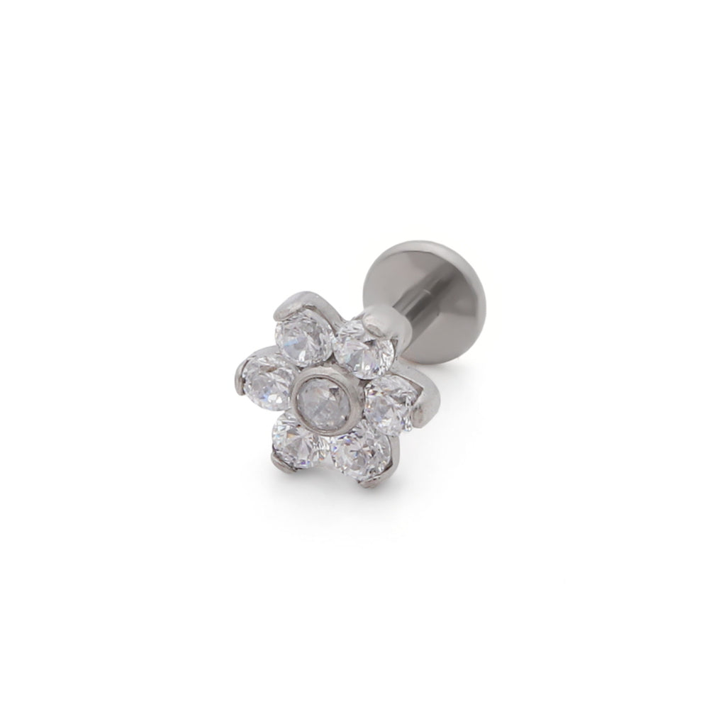 CZ Flower Titanium Flat Back Stud Earrings-Tragus | Cartilage | Daith | Conch-1-Glitters