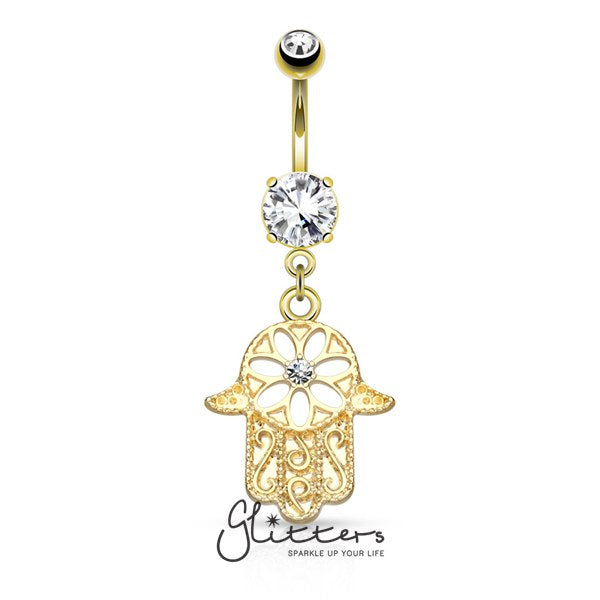 Beaded Outline Hamsa with Center C.Z Dangle Navel Ring-Gold-Belly Ring, Body Piercing Jewellery, Cubic Zirconia-BJ0265-2-Glitters