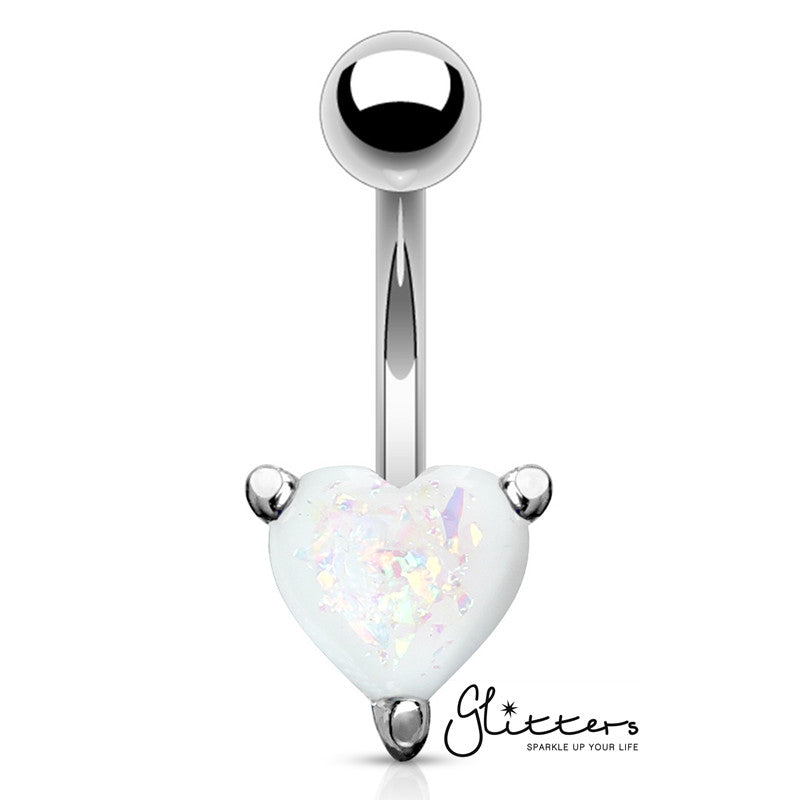 Opal Glitter Prong Heart Set Belly Button Ring - White-Belly Ring, Body Piercing Jewellery-BJ0296-3-Glitters