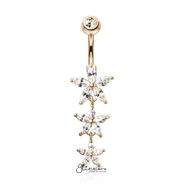 316L Surgical Steel Gemmed Top Belly Button Navel Ring with Dangle Triple Marquise CZ Flowers-Belly Ring, Body Piercing Jewellery-BJ0306-RG-Glitters