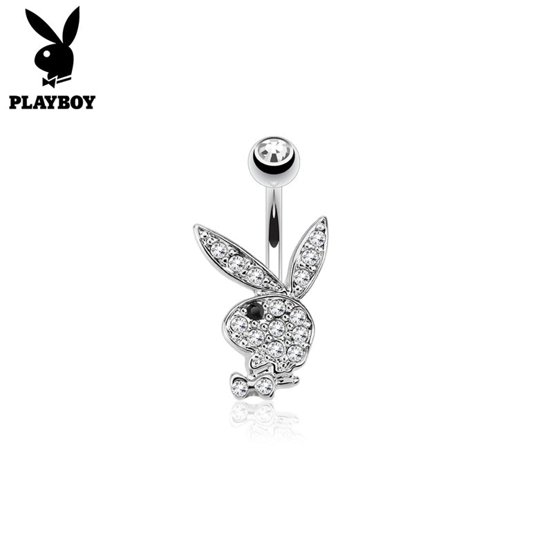 Clear Crystal Paved Playboy Bunny Belly Button Navel Ring - Silver-Belly Ring, Body Piercing Jewellery, Crystal-BJ0335-S-Glitters