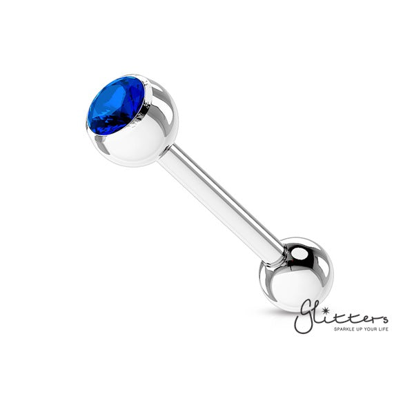 Press Fit Blue Gem Set Top with Surgical Steel Tongue Barbell-Body Piercing Jewellery, Cubic Zirconia, Tongue Bar-BS03-B-2-Glitters