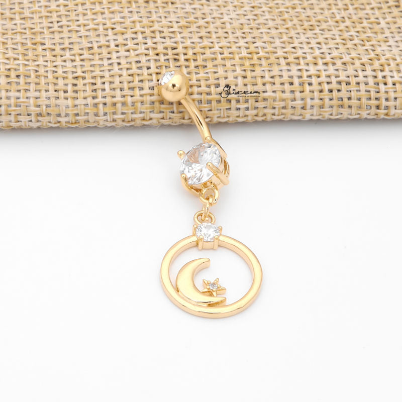 Crescent Moon and CZ Star Dangle Belly Button Ring - Gold-Belly Ring, Body Piercing Jewellery, Cubic Zirconia-CrescentMoonandCZStarDangleBellyButtonRing-Gold1-Glitters