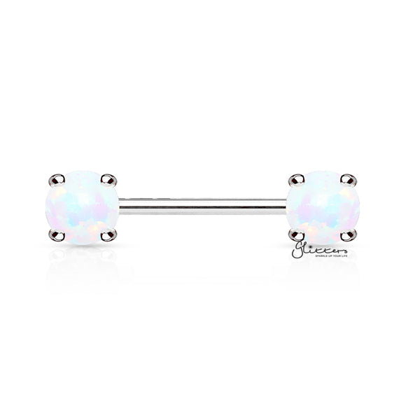 Surgical Steel Nipple Barbells with Prong Set Opal Ends - Opal White-Body Piercing Jewellery, Nipple Barbell-EB0003-W1-Glitters
