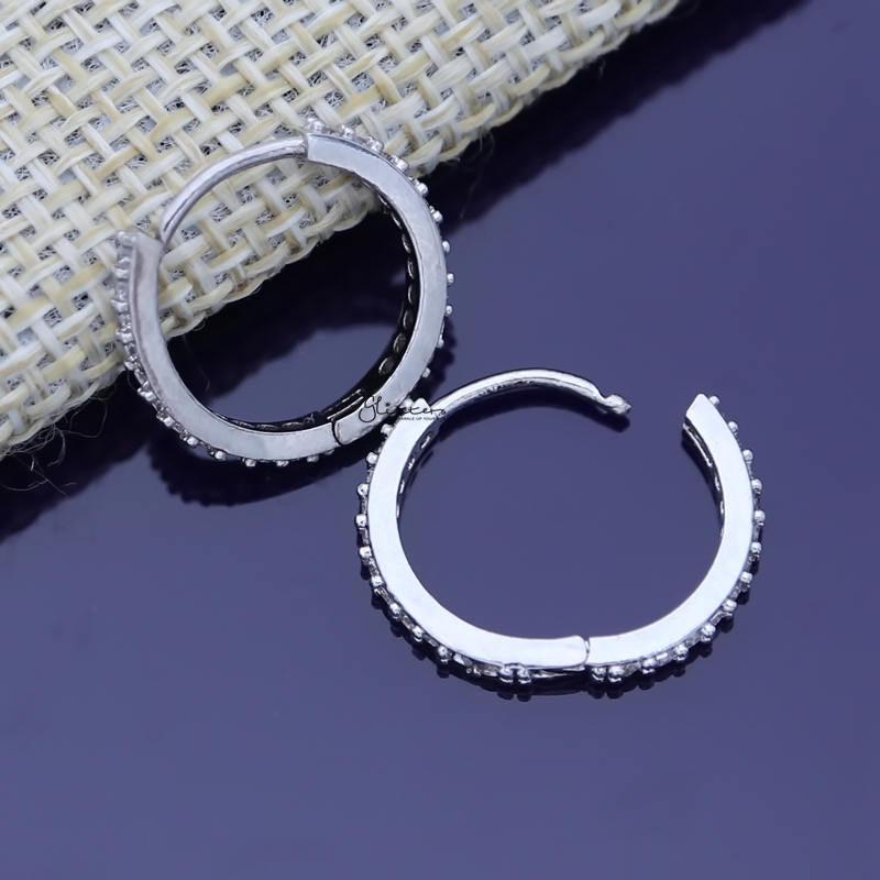 C.Z Paved Classic Huggie Hoop Earrings - Silver-Cubic Zirconia, earrings, Hoop Earrings, Jewellery, Women's Earrings, Women's Jewellery-ER1483-2_1_d353a50a-8536-41c2-a0ac-42b16e2d58d6-Glitters