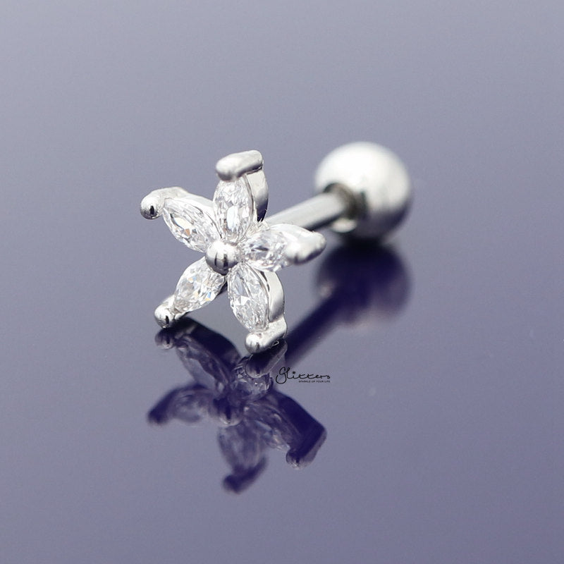 Five Petal CZ Flower Cartilage Tragus Piercing Earring - Silver-Body Piercing Jewellery, Cartilage, Cubic Zirconia, earrings, Jewellery, Tragus, Women's Earrings, Women's Jewellery-FivePetalClearCZFlower03-Glitters