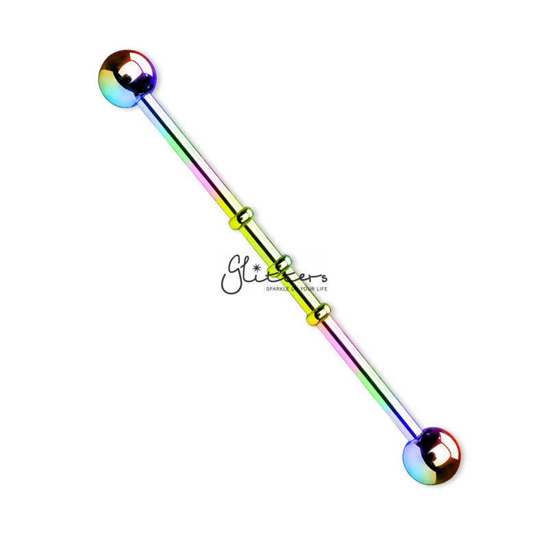 Triple Notched Titanium Ion Plated over Surgical Steel Balls Industrial Barbells-Black | Gold | Rainbow-Body Piercing Jewellery, Industrial Barbell-IB0002-3DOTS-4-Glitters