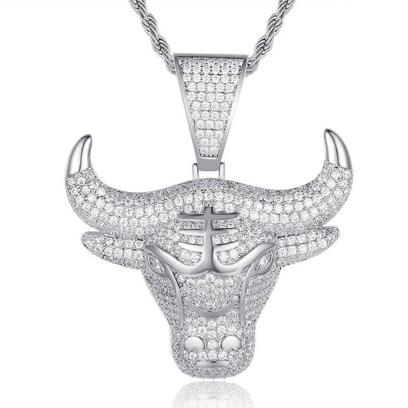 Bull Head Pendant - Silver-Hip Hop, Hip Hop Pendant, Iced Out, Men's Necklace, Necklaces, Pendants-NK1050-S1-800-Glitters