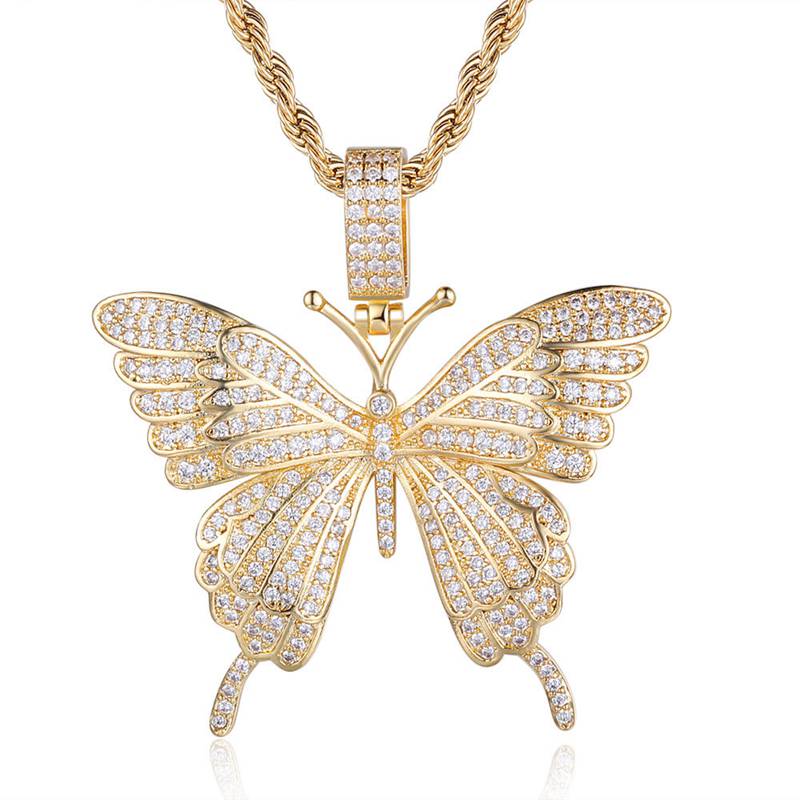 Iced Out Butterfly Pendant - Gold-Hip Hop, Hip Hop Pendant, Iced Out, Jewellery, Necklaces, Pendants, Women's Jewellery, Women's Necklace-NK1051-G1-800-Glitters