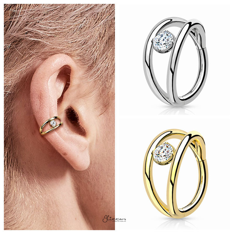 Double Lines and CZ Hinged Segment Hoop Ring - Gold-Body Piercing Jewellery, Cartilage, Cubic Zirconia, Daith, Septum Ring-NS0125-M_5cd37795-70a6-4157-a49e-20e1a7beee76-Glitters