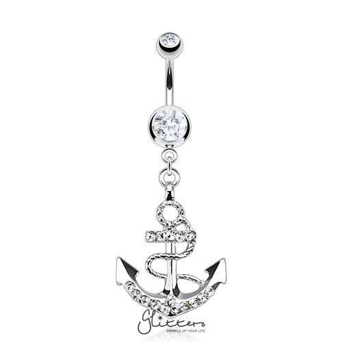 316L Surgical Steel Gemmed Anchor Dangle Navel Ring-Clear-Belly Ring, Body Piercing Jewellery, Cubic Zirconia-NSE-001-C-0-Glitters