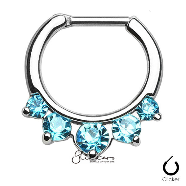 316L Surgical Steel Five Pronged Gems Septum Clicker-Aqua-Body Piercing Jewellery, Cubic Zirconia, Nose, Septum Ring-SEP-60-q-2-Glitters