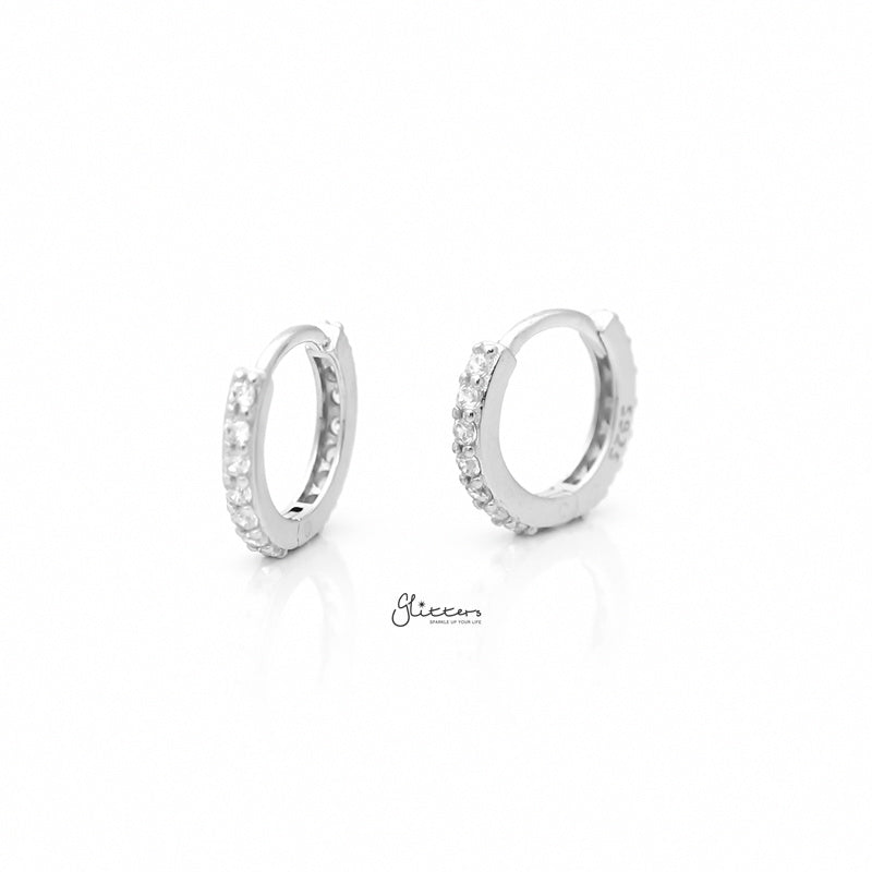 Sterling Silver C.Z Paved One-Touch Huggie Hoop Earrings - Silver-Cubic Zirconia, earrings, Hoop Earrings, Jewellery, Women's Earrings, Women's Jewellery-SSE0369-1_800-Glitters
