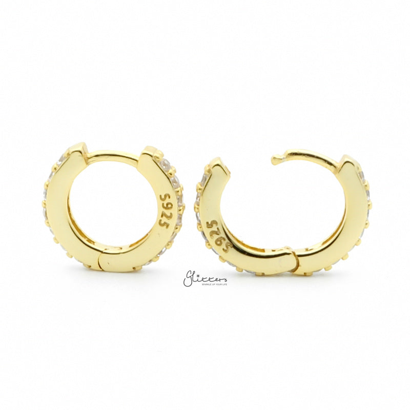 Sterling Silver CZ Paved One-Touch Huggie Hoop Earrings - Gold-Cubic Zirconia, earrings, Hoop Earrings, Jewellery, Women's Earrings, Women's Jewellery-SSE0415-G3_800-Glitters