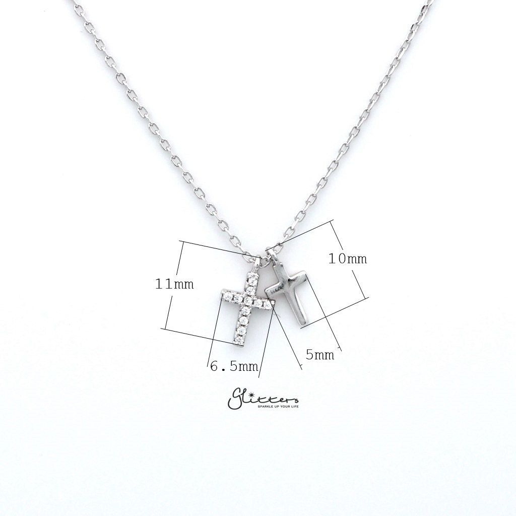 Sterling Silver CZ Paved Cross with Plain Cross Women's Necklace-Cubic Zirconia, Jewellery, Necklaces, Sterling Silver Necklaces, Women's Jewellery, Women's Necklace-SSP0126-1000-01_New-Glitters