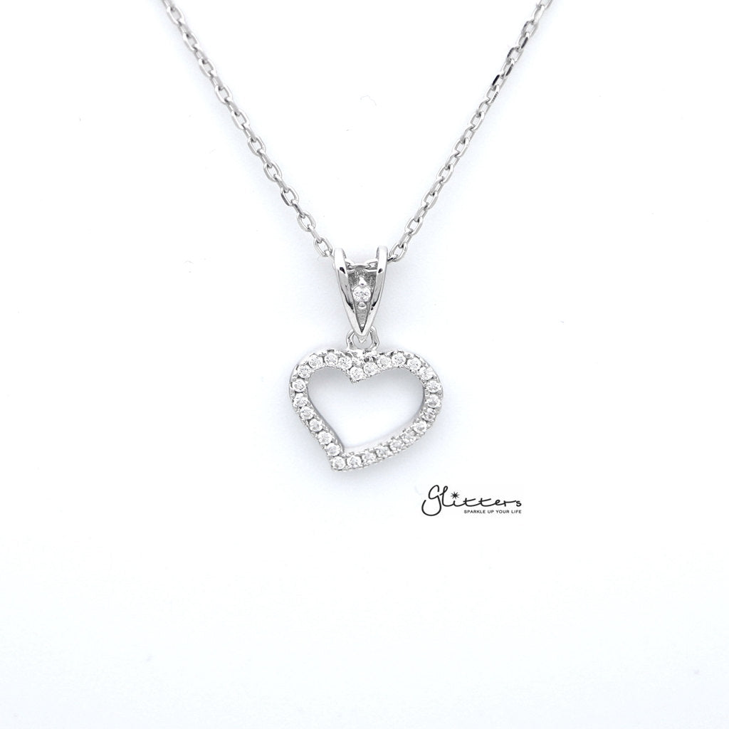 Sterling Silver C.Z Paved Hollow Heart Women's Necklace-Cubic Zirconia, Jewellery, Necklaces, Sterling Silver Necklaces, Women's Jewellery, Women's Necklace-SSP0134_1000-01-Glitters