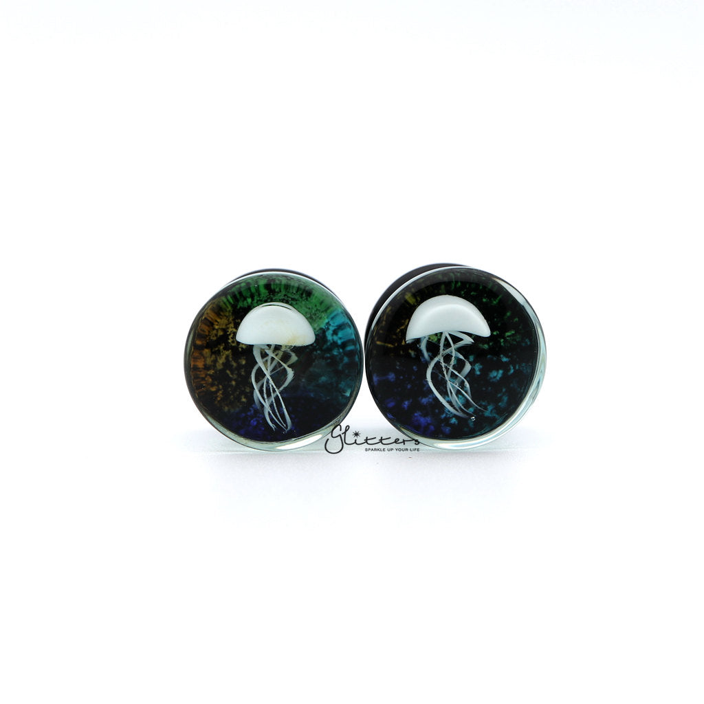 Pyrex Glass Jellyfish Double Flare Black Back with Multi Color Background Tunnel Plugs-Body Piercing Jewellery, Plug, Tunnel-TL0045_1000-03-Glitters