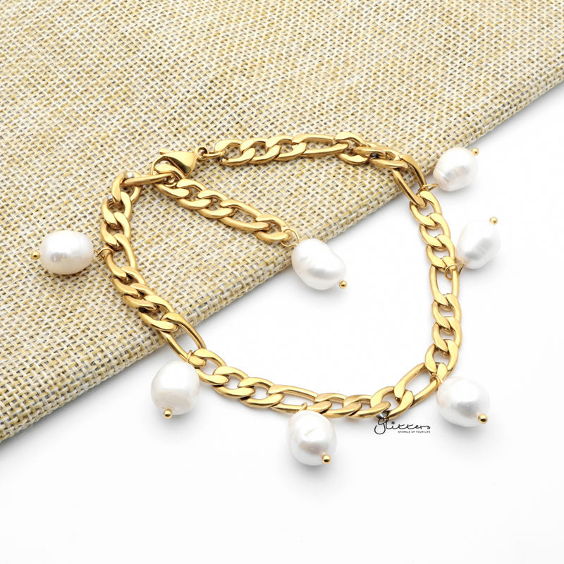 Freshwater Pearls with Gold I.P Stainless Steel Figaro Chain Bracelet-Bracelets, Freshwater Pearl, Jewellery, Stainless Steel, Stainless Steel Bracelet, Women's Bracelet, Women's Jewellery-bcl0198-2_1-Glitters