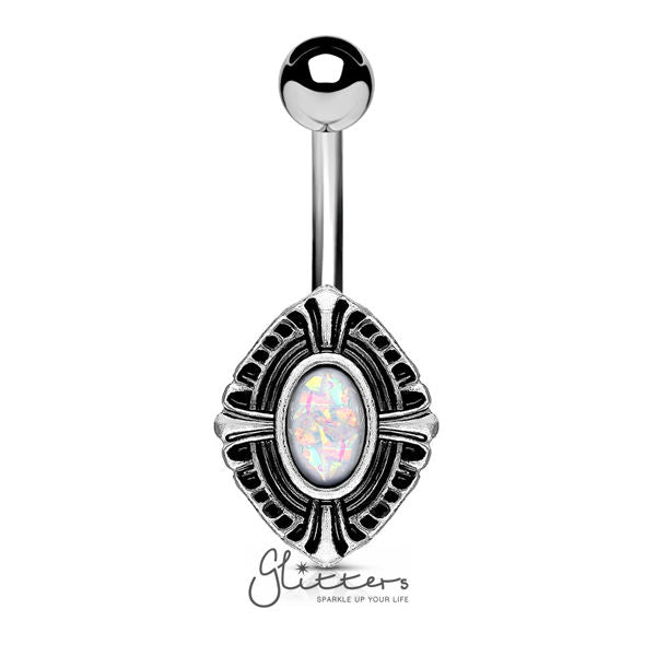 Antique Silver Plated Celtic Cross Shield with Oval Opal Glitter Center Belly Button Ring-Belly Ring, Body Piercing Jewellery-bj0282-Glitters