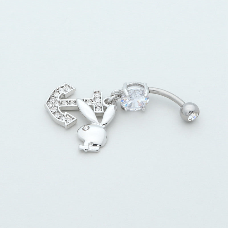 Playboy Bunny with Anchor Dangle Belly Button Navel Ring-Belly Ring, Body Piercing Jewellery, Crystal, Cubic Zirconia-bj0344-1-800-Glitters