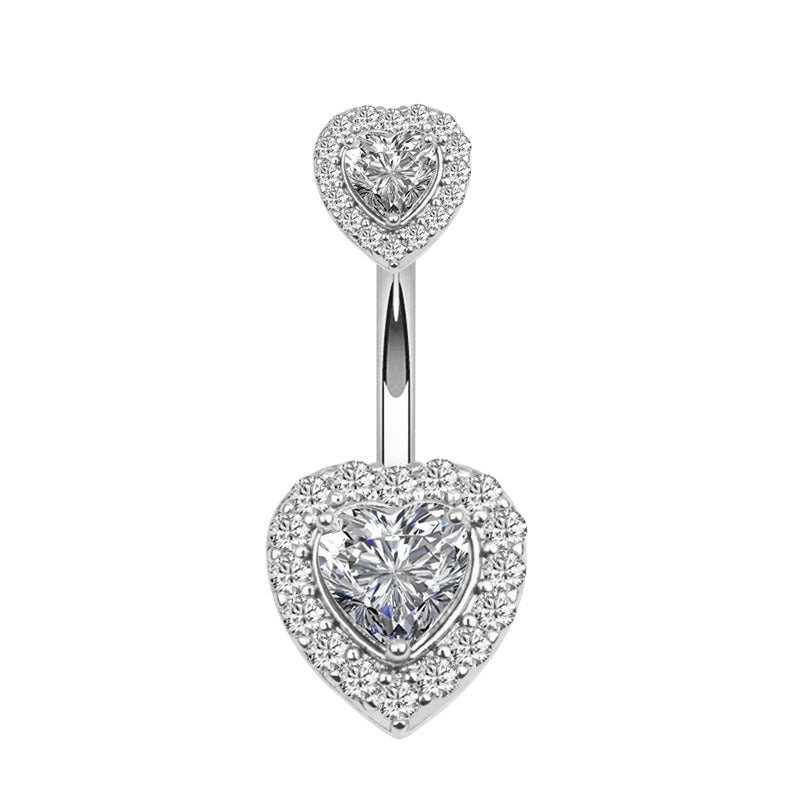 Heart CZ Belly Button Navel Ring - Silver-Belly Ring, Body Piercing Jewellery, Cubic Zirconia-bj0344-s-Glitters