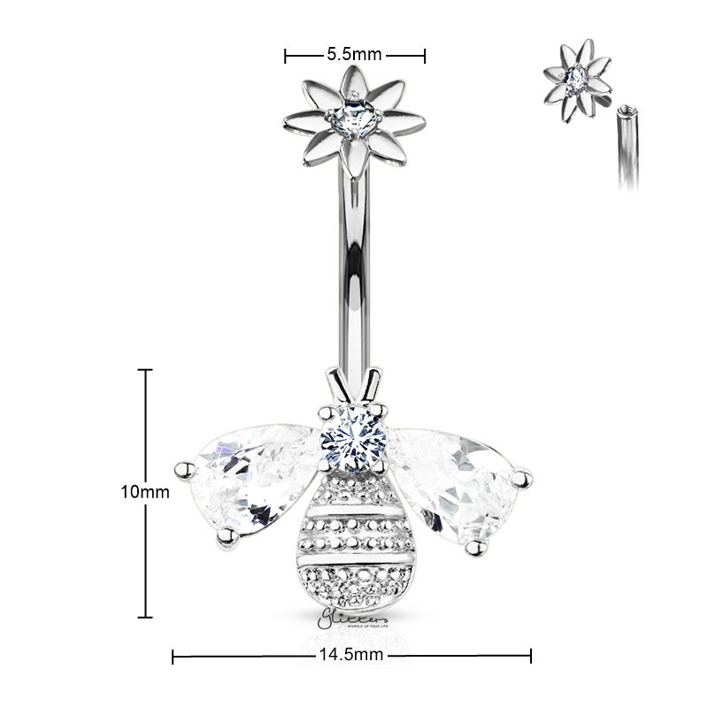 Bee Belly Button Navel Ring - Silver-Belly Ring, Body Piercing Jewellery, Cubic Zirconia-bj0357-s2_New-Glitters