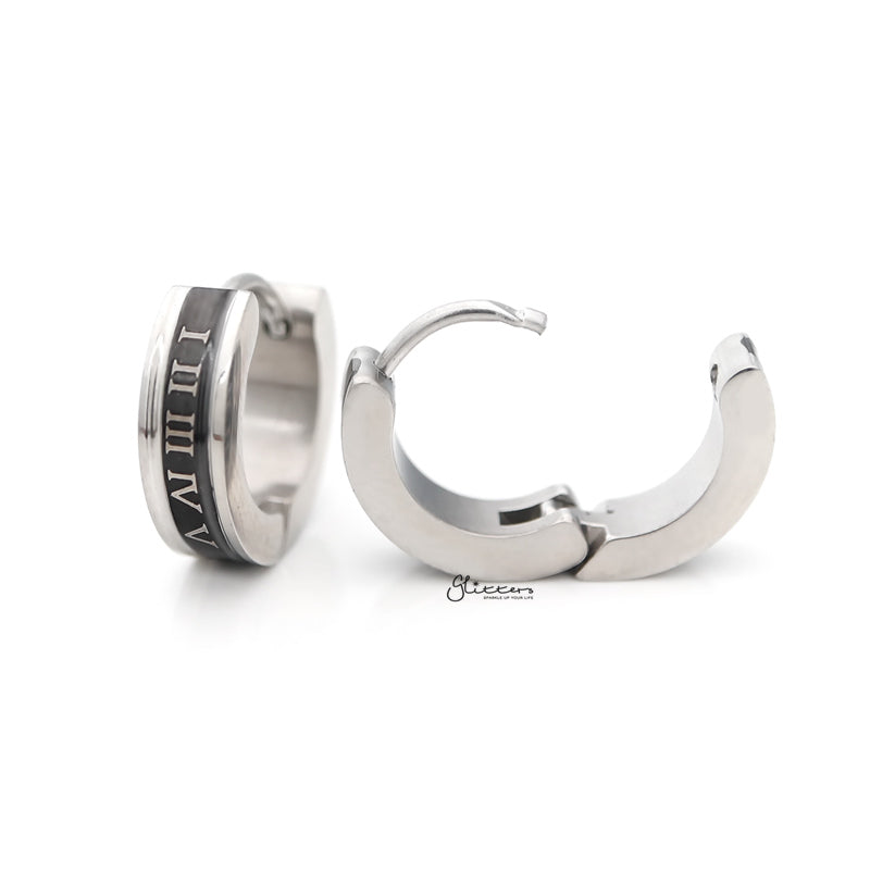 Roman Numerals Hinged Hoop Earrings with Black Center-earrings, Hoop Earrings, Huggie Earrings, Jewellery, Men's Earrings, Men's Jewellery, Stainless Steel-er1486-2_800-Glitters