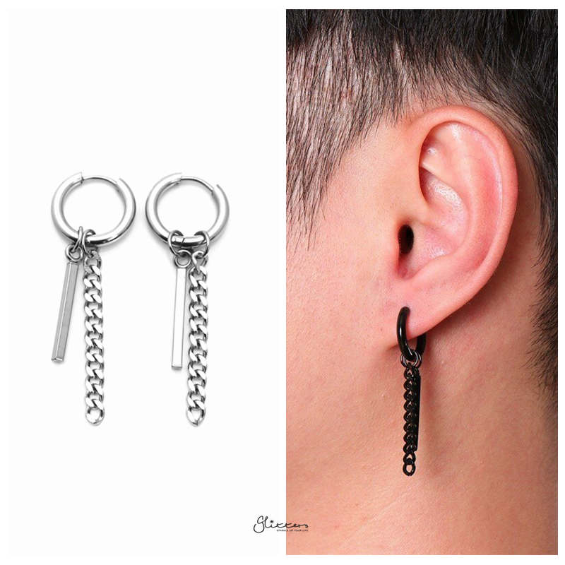 Stainless Steel Drop Bar with Chain Huggie Hoop Earrings - Silver-Chain Earring, earrings, Hoop Earrings, Huggie Earrings, Jewellery, Men's Earrings, Men's Jewellery, Out of stock, Stainless Steel, Women's Earrings-er1488-s-2-Glitters