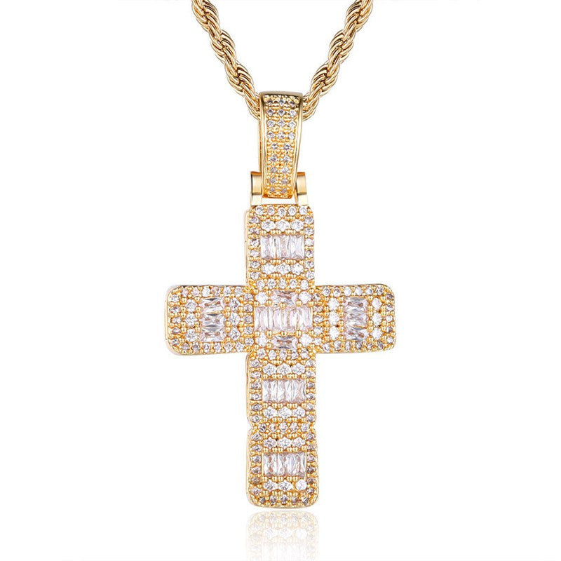 Iced Out Baguette-Cut Cross Pendant - Gold-Hip Hop, Hip Hop Pendant, Iced Out, Jewellery, Men's Necklace, Necklaces, Pendants, Women's Jewellery, Women's Necklace-nk1054-g1-800-Glitters