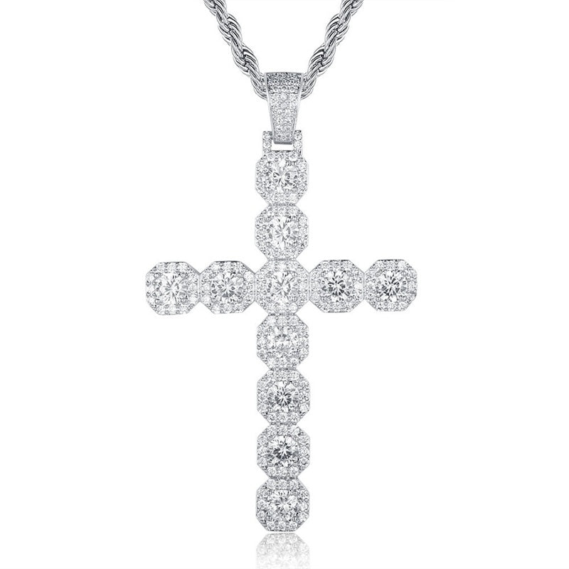 Iced Out Cross Pendant - Silver-Hip Hop, Hip Hop Pendant, Iced Out, Jewellery, Men's Necklace, Necklaces, Pendants, Women's Jewellery, Women's Necklace-nk1057-sc-800-Glitters