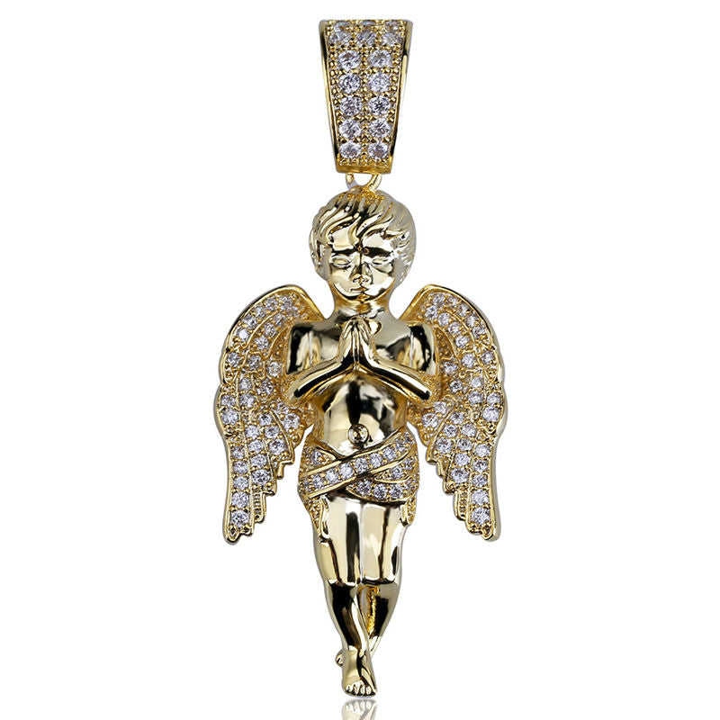 Iced Out Praying Angel Pendant - Gold-Hip Hop, Hip Hop Pendant, Iced Out, Men's Necklace, Necklaces, Pendants-nk1083-1-Glitters