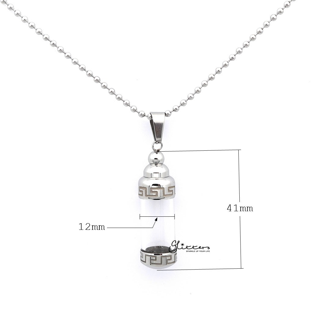 Stainless Steel Screw On Glass Bottle Pendant with Greek Pattern-Jewellery, Men's Jewellery, Men's Necklace, Necklaces, Pendants, Stainless Steel, Stainless Steel Pendant-sp0249_1000-01_New-Glitters