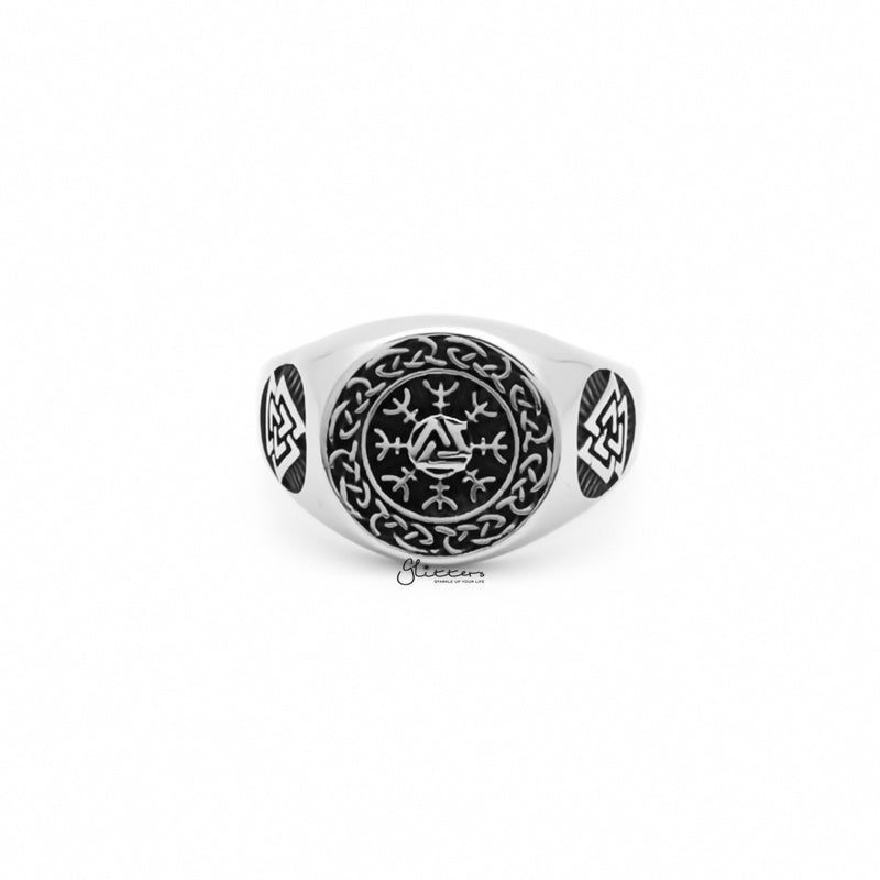 Valknut Stainless Steel Ring with Helm of Awe Symbol-Jewellery, Men's Jewellery, Men's Rings, Rings, Stainless Steel, Stainless Steel Rings-sr0298-1_1-Glitters