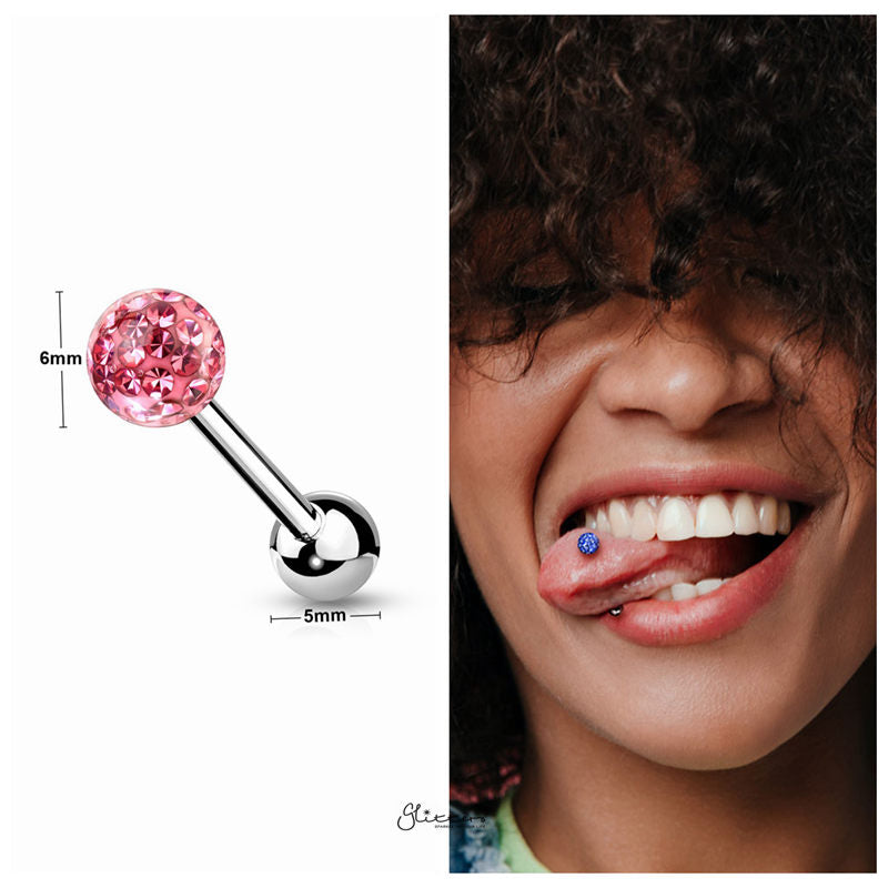 Epoxy Covered Crystal Paved Ferido Balls Tongue Barbell - Pink-Body Piercing Jewellery, Tongue Bar-1-Glitters